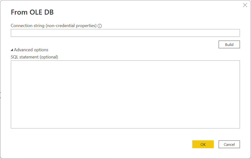 Captura de tela da caixa de diálogo do conector O L E D B, mostrando a cadeia de conexão e as opções Avançadas.