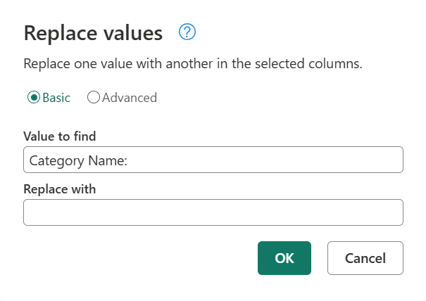 Captura de tela da caixa de diálogo de Substituição de valores para uma coluna de texto.