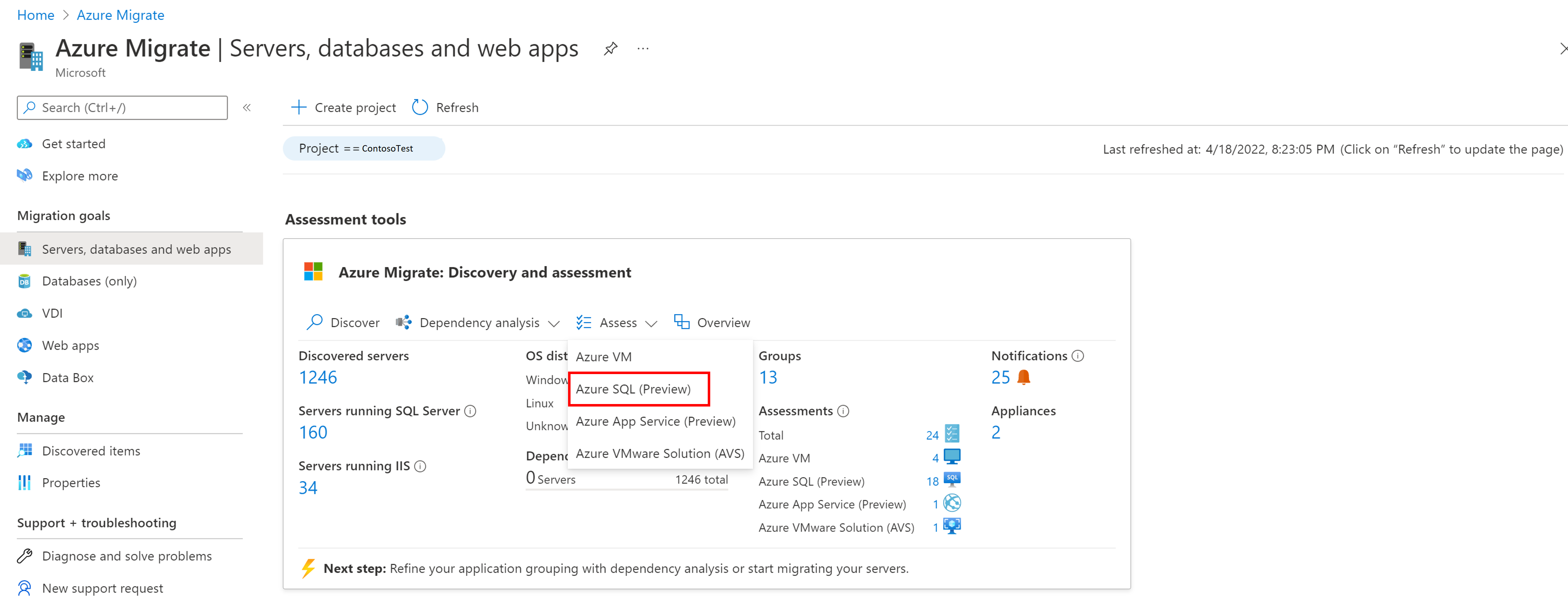 Captura de tela do Dropdown para escolher o tipo de avaliação como SQL do Azure.