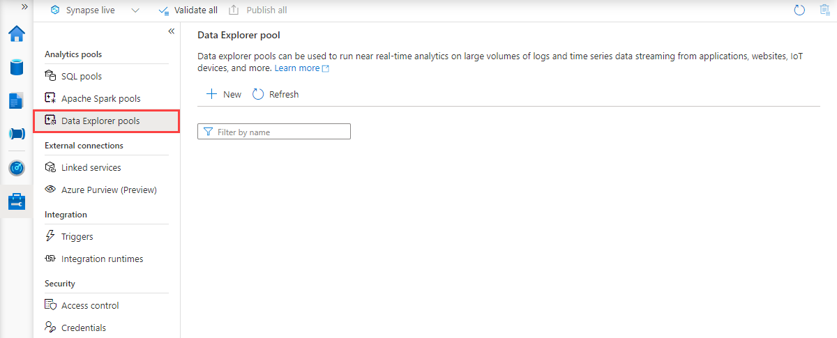 Hub de gerenciamento do Synapse Studio com a navegação de pools do Data Explorer selecionada