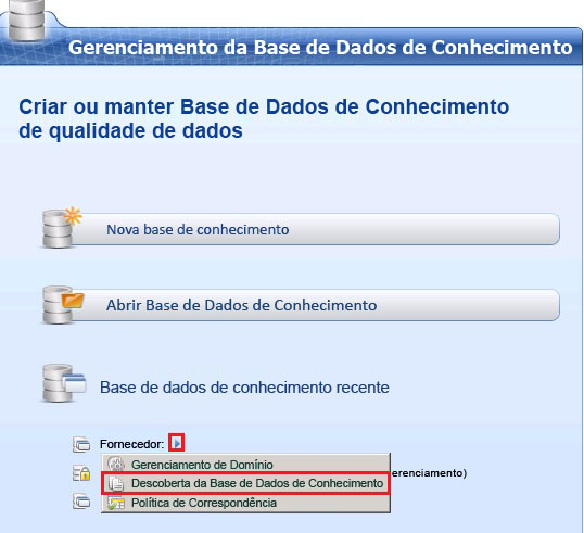 Menu Descoberta da Base de Dados de Conhecimento na página principal