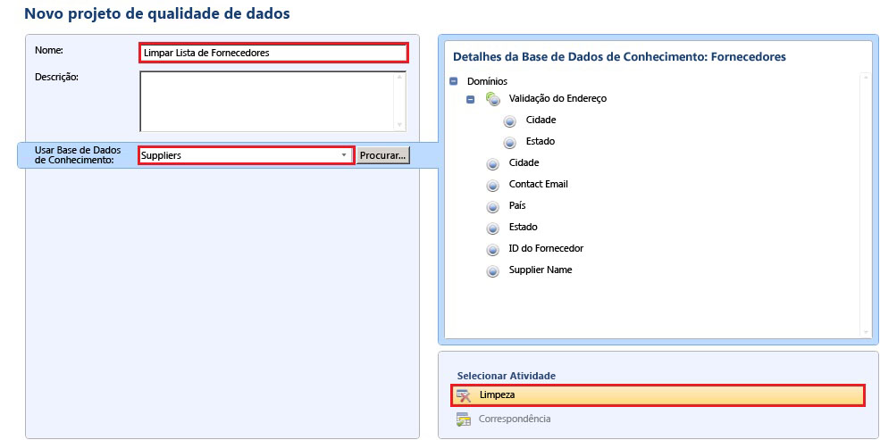 Página do Projeto de Qualidade de Novos Dados - Limpeza selecionada