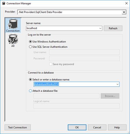 Captura de tela da caixa de diálogo Gerenciador de Conexões. Os controles estão disponíveis para configurar uma conexão de dados.