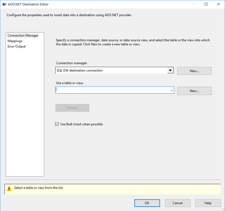 Captura de tela do Editor de Destino do ADO.NET. A guia Gerenciador de Conexões é visível e contém controles para configurar propriedades de fluxo de dados.