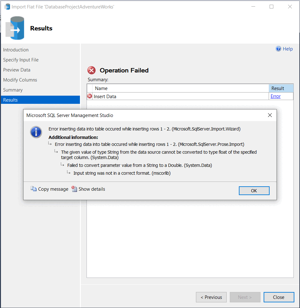 Captura de tela de um erro nos resultados do relatório do Assistente de Importação de Arquivo Simples.