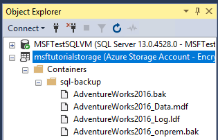 Captura de tela do Pesquisador de Objetos no SSMS mostrando os arquivos de dados dentro do contêiner, no Azure, abaixo de uma entrada de instância do SQL Server.