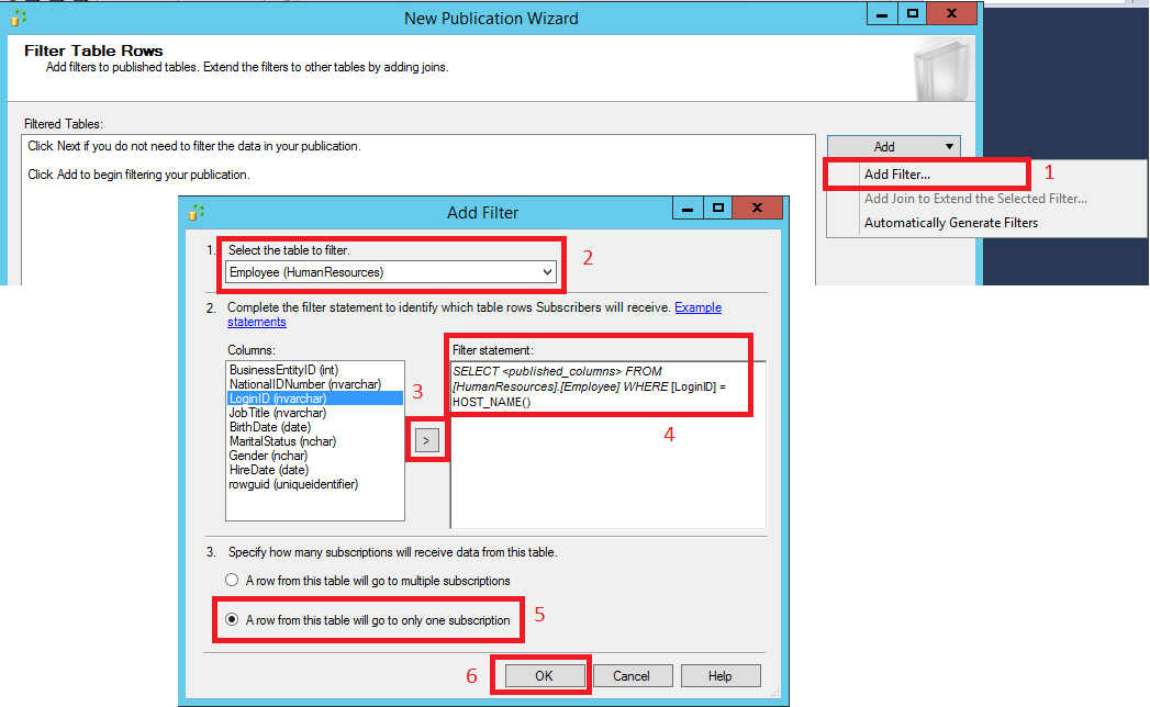 Seleções para adicionar um filtro
