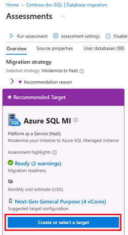 Captura de tela que mostra o painel Avaliações no portal do Azure, com Criar alvo realçado.