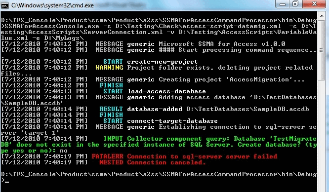 Captura de tela da saída do Console do SSMA (Access).