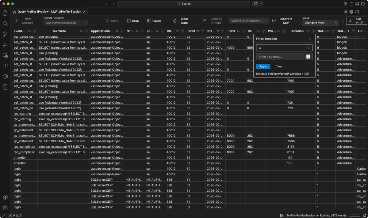 Captura de tela do filtro de coluna Duração com um operador de comparação numérica e entrada de valor.