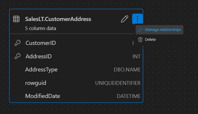 Captura de tela do ponto de entrada de gerenciamento de relações no designer de esquema.