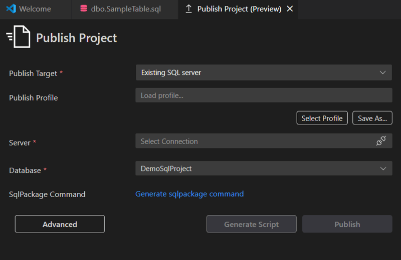 Captura de tela da caixa de diálogo Publicar Projeto mostrando campos de destino, servidor e banco de dados de publicação.