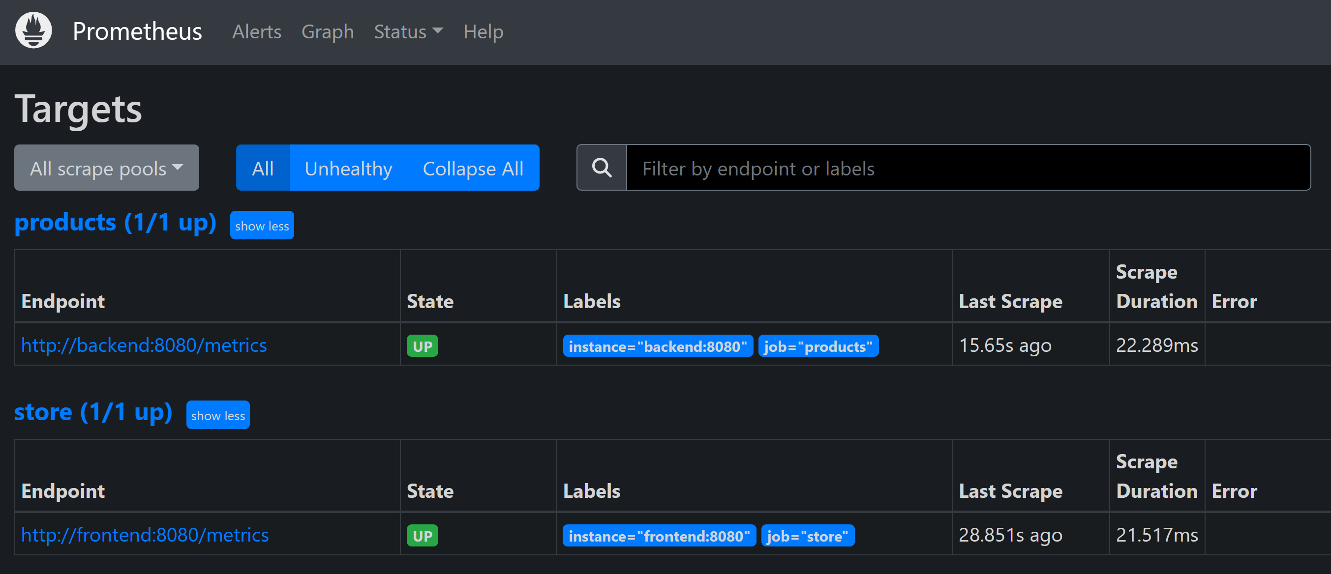 Captura de tela que mostra o aplicativo Prometheus configurado mostrando a integridade do aplicativo eShopLite.