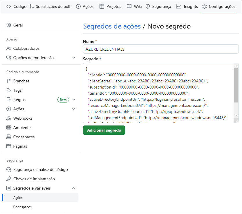 Captura de tela da nova página de segredo para configurar segredos de variáveis de ambiente no GitHub.