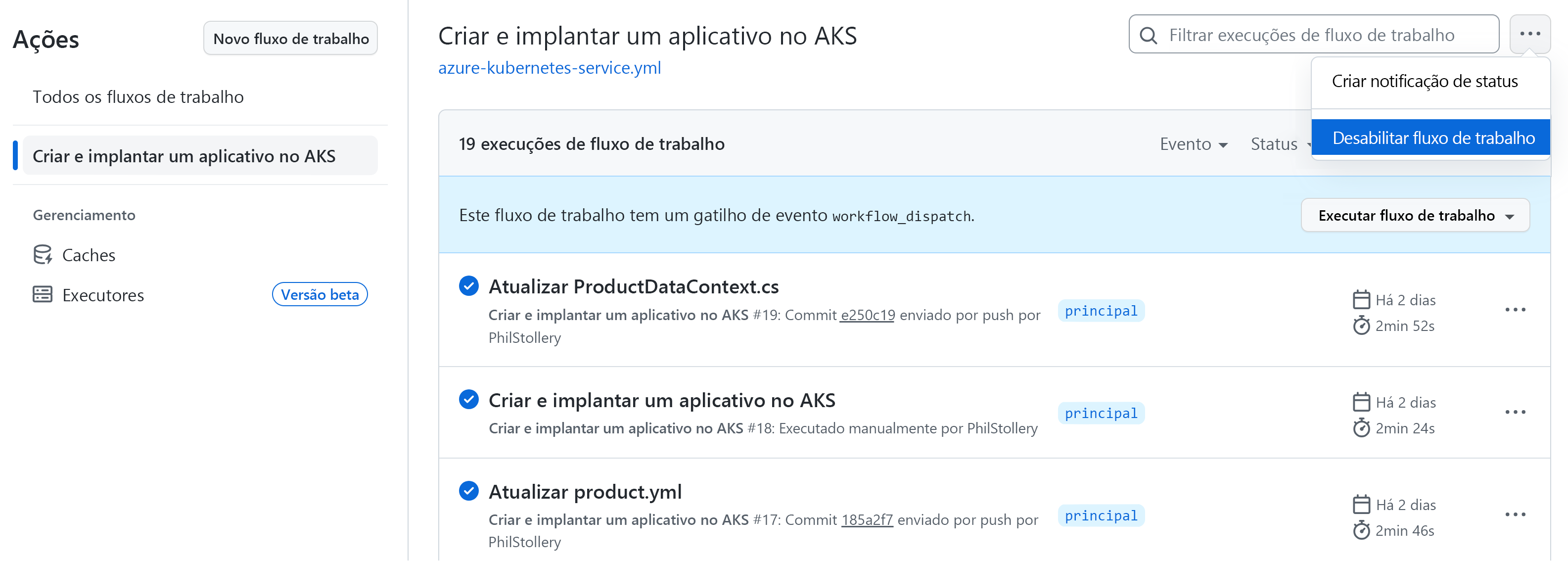Uma captura de tela mostrando a opção de menu de fluxo de trabalho Desabilitado para um fluxo de trabalho do GitHub Action.