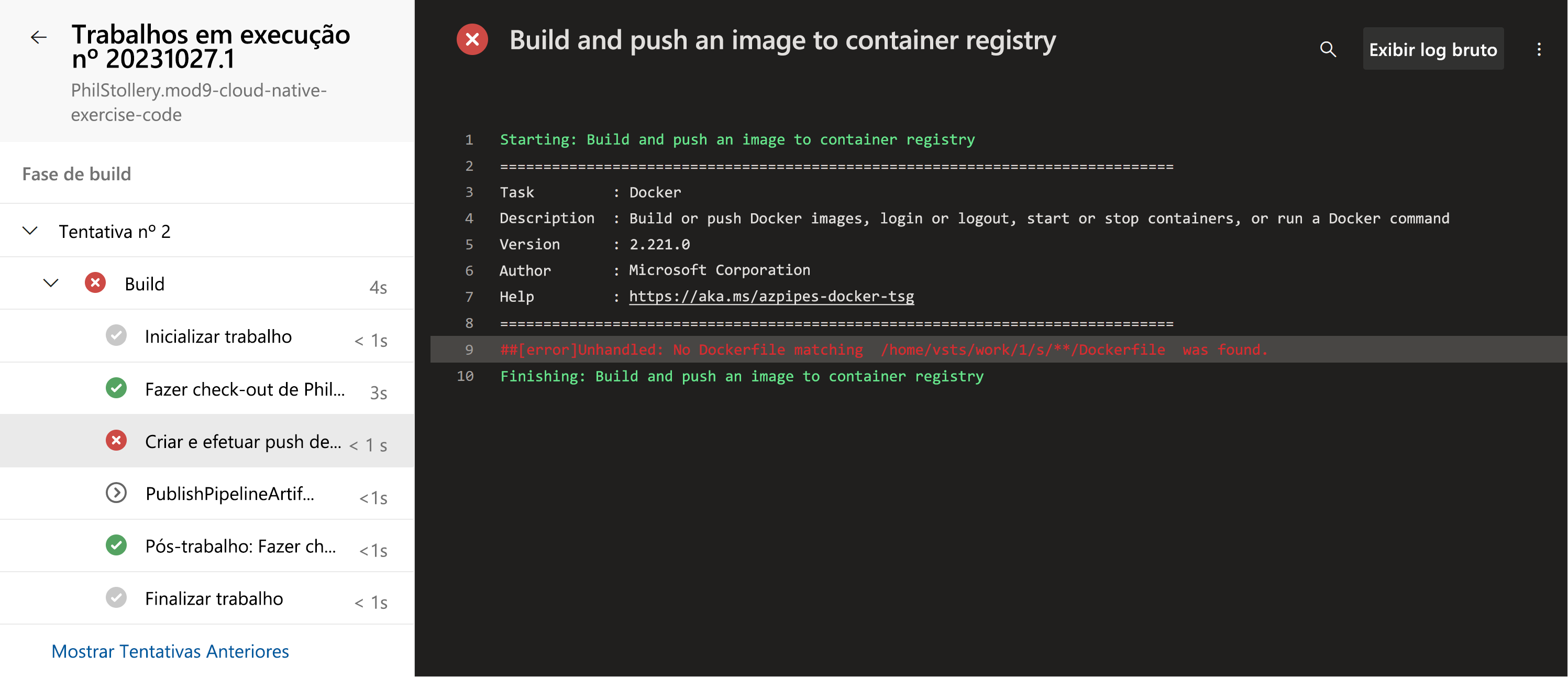 Uma captura de tela do estágio de compilação em um pipeline que falhou.