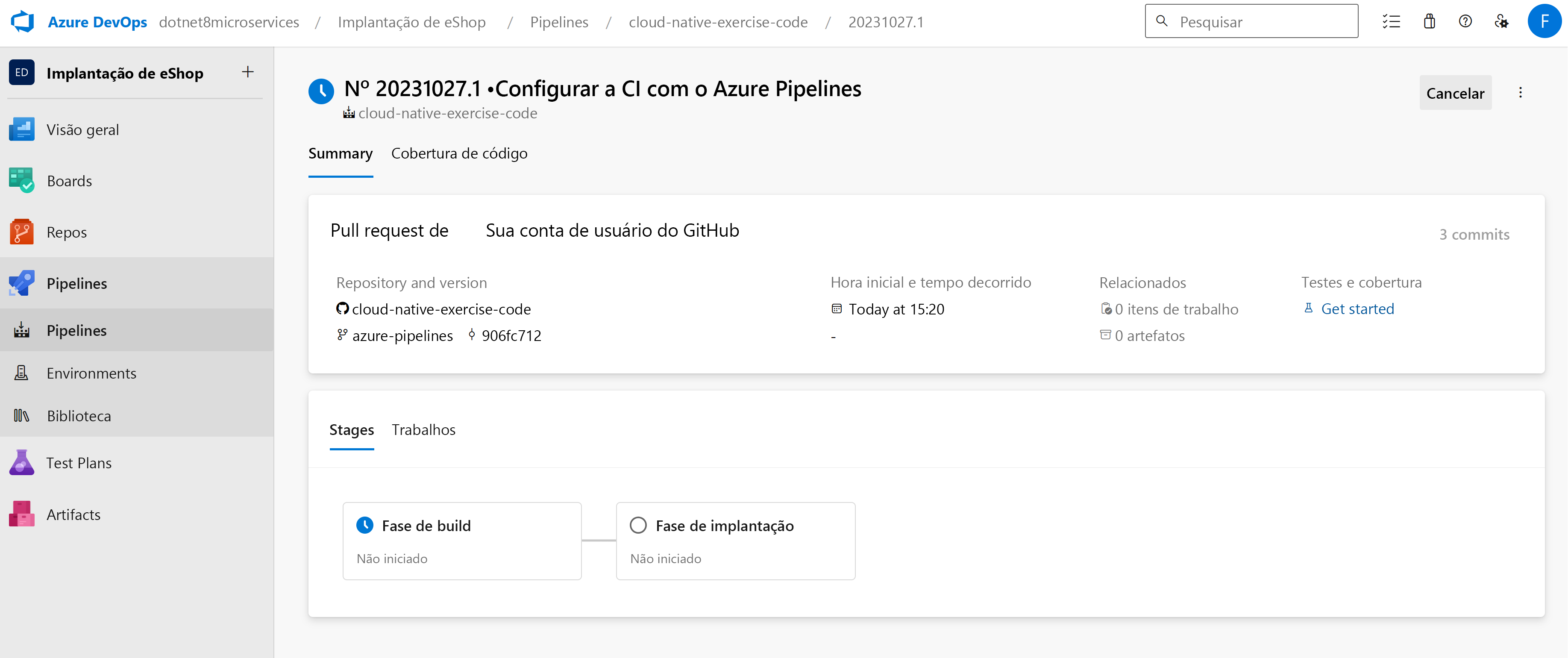 Uma captura de tela mostrando o status de um Pipeline do Azure.