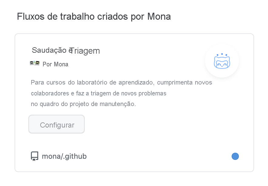 Captura de tela de um modelo de fluxo de trabalho de organização denominado Saudação e triagem da Mona.