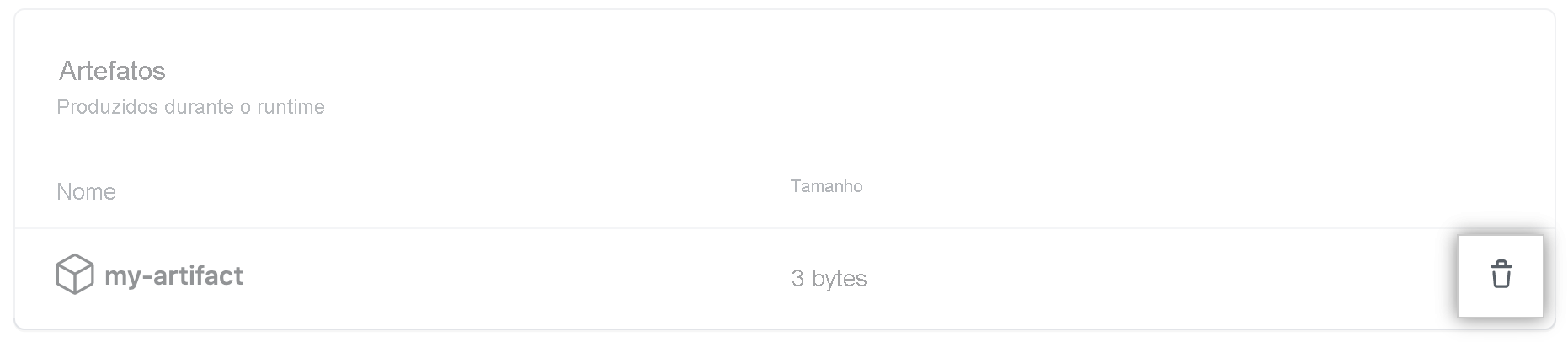 Captura de tela que mostra o ícone de lixeira para excluir um artefato no GitHub.
