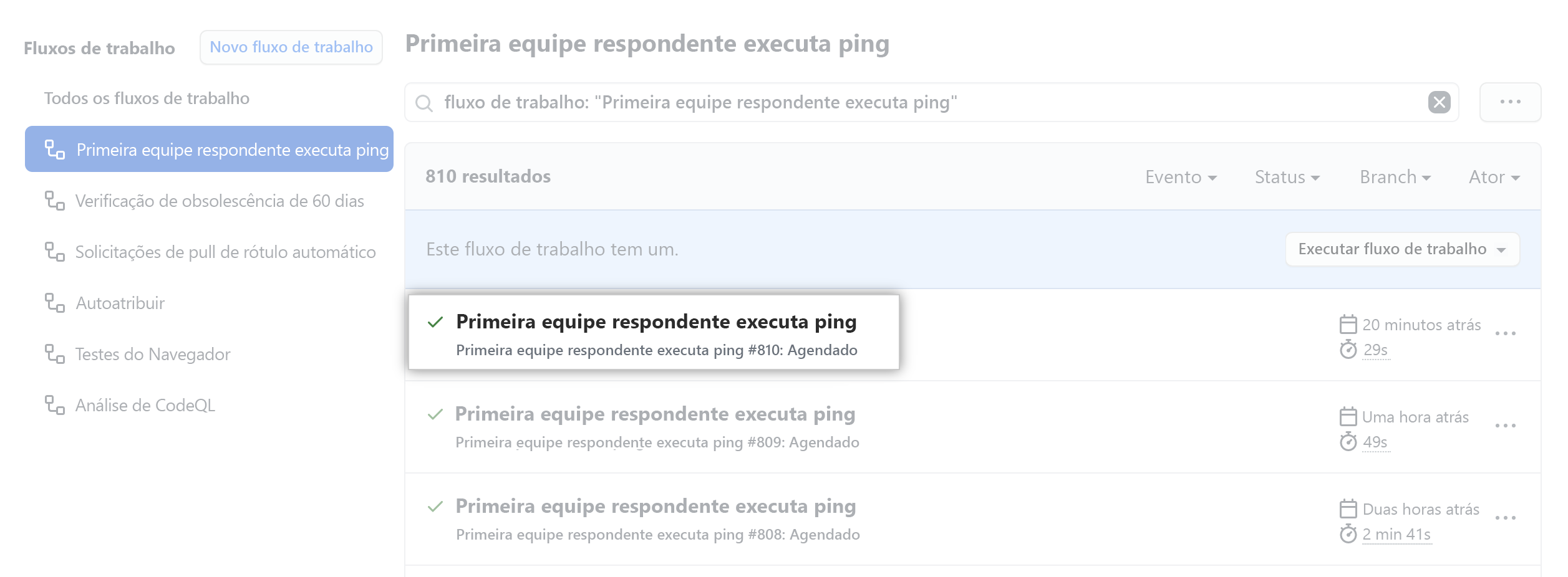 Captura de tela que mostra uma execução de fluxo de trabalho de exemplo no GitHub.