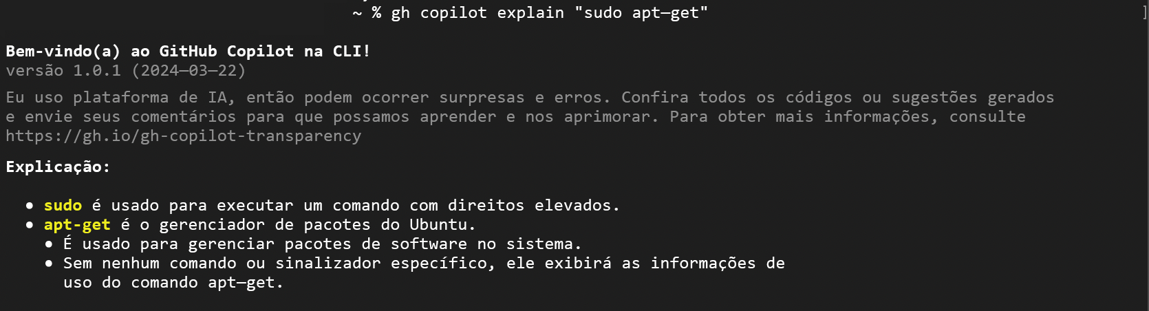 Captura de tela da CLI do Copilot explicando um comando no modo interativo.