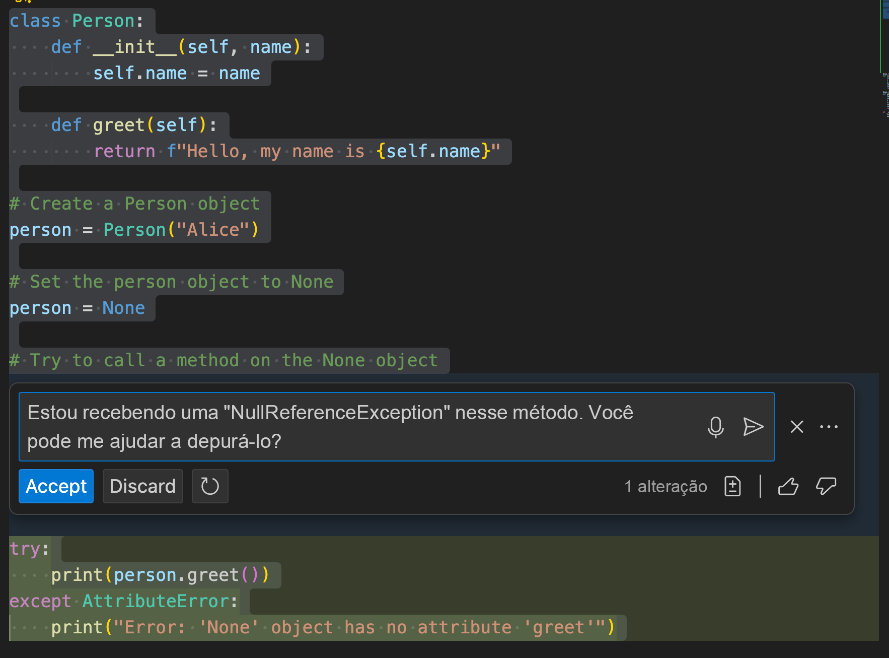 Captura de tela da geração de depuração de chat de código.