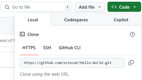 Captura de tela do menu suspenso botão Código com opções de clone.