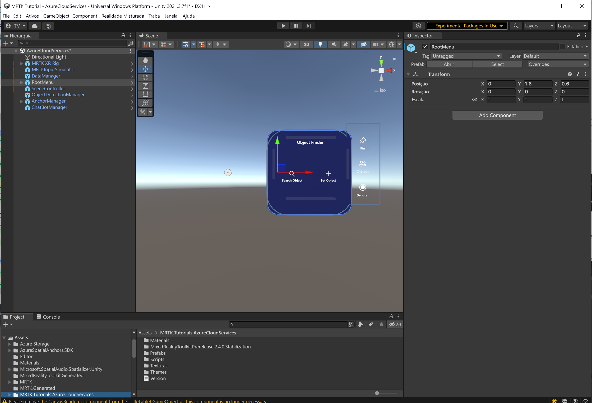 Captura de tela do Unity com o objeto RootMenu selecionado.