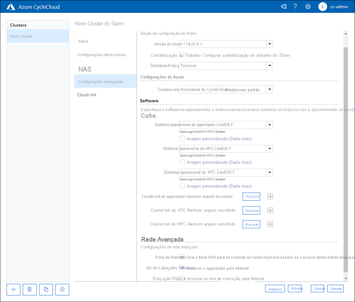Captura de tela que mostra a guia Configurações Avançadas da página Novo Cluster do SLURM do aplicativo Web do Azure CycleCloud.