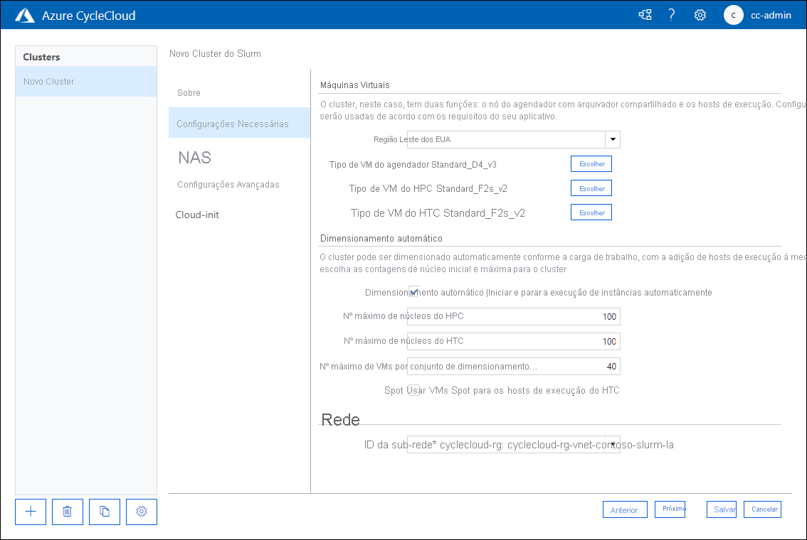 Captura de tela que mostra a aba Configurações Necessárias na página Novo Cluster de Slurm do aplicativo web Azure CycleCloud.