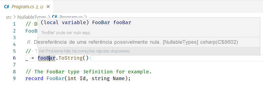Captura de tela do Aviso C# CS8602: Desreferência de uma referência possivelmente nula.