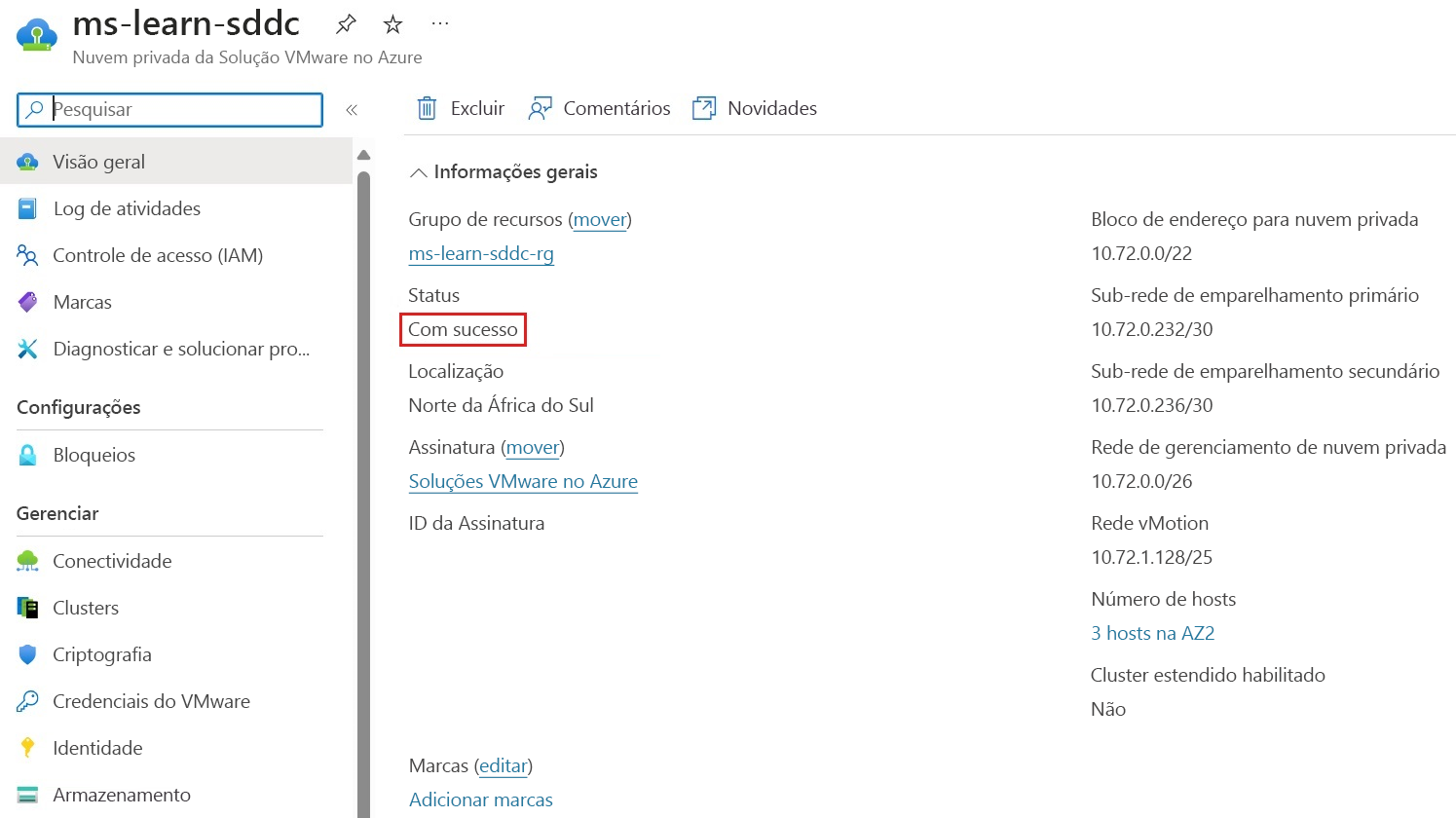 A captura de&nbsp;tela mostra a implantação da nuvem privada concluída com êxito.