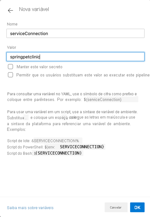Captura de tela mostrando a nova variável do Service Principal.