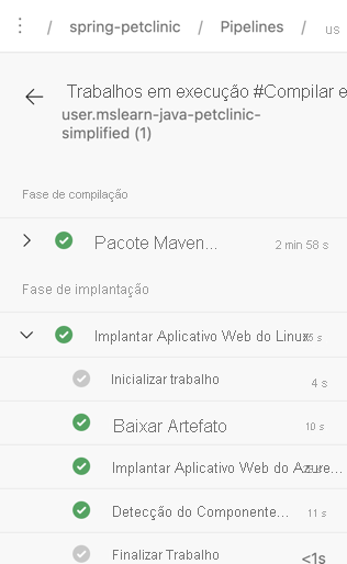 Captura de tela que mostra a execução do novo pipeline do Azure.