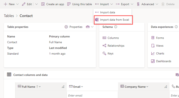 Captura de tela da opção para importar dados do Excel no Power Apps.