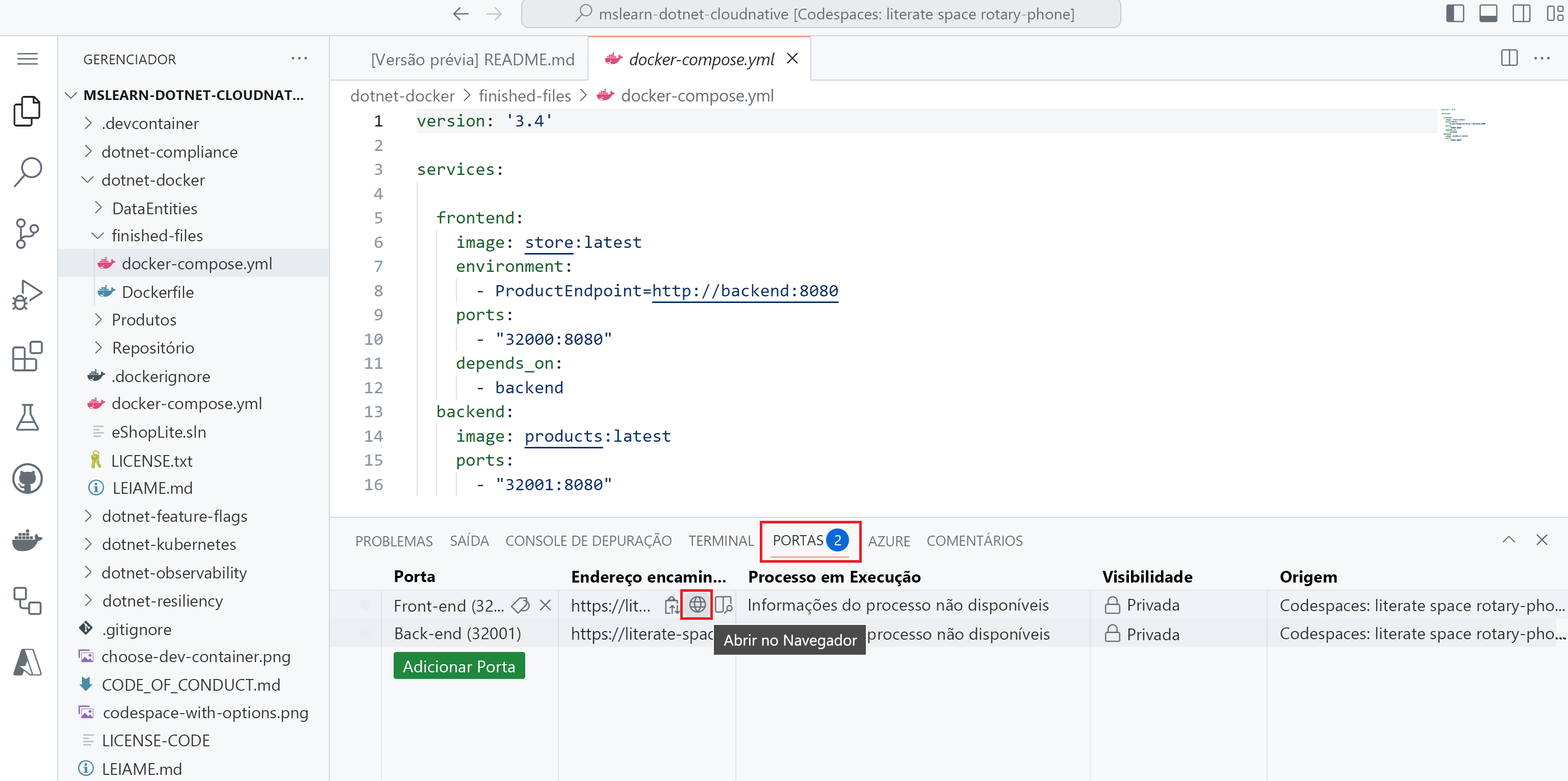 Uma captura de tela da guia portas do codespace.