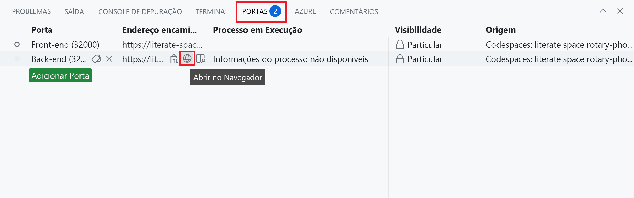 Captura de tela mostrando como se conectar ao serviço de produtos de back-end.