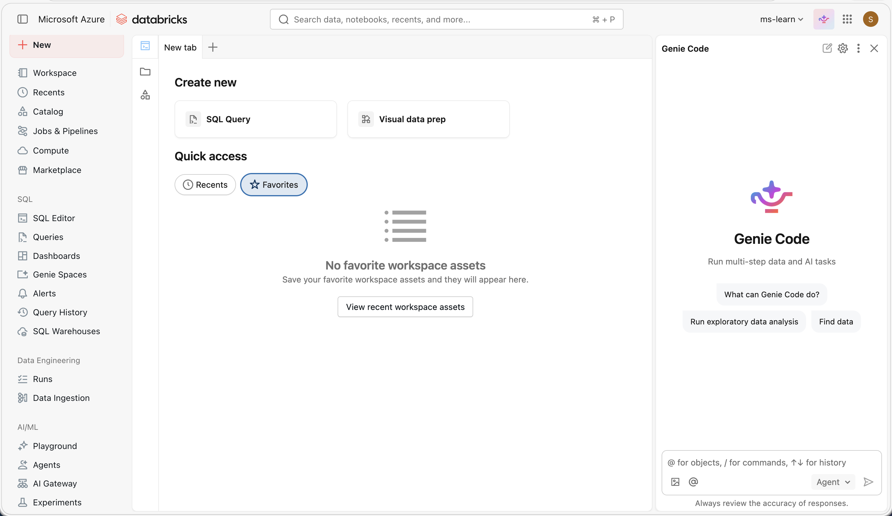 Screenshot do Genie Code em Azure Databricks.