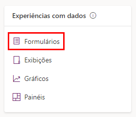 Captura de tela mostrando um painel de experiências de dados com Formulários realçado.