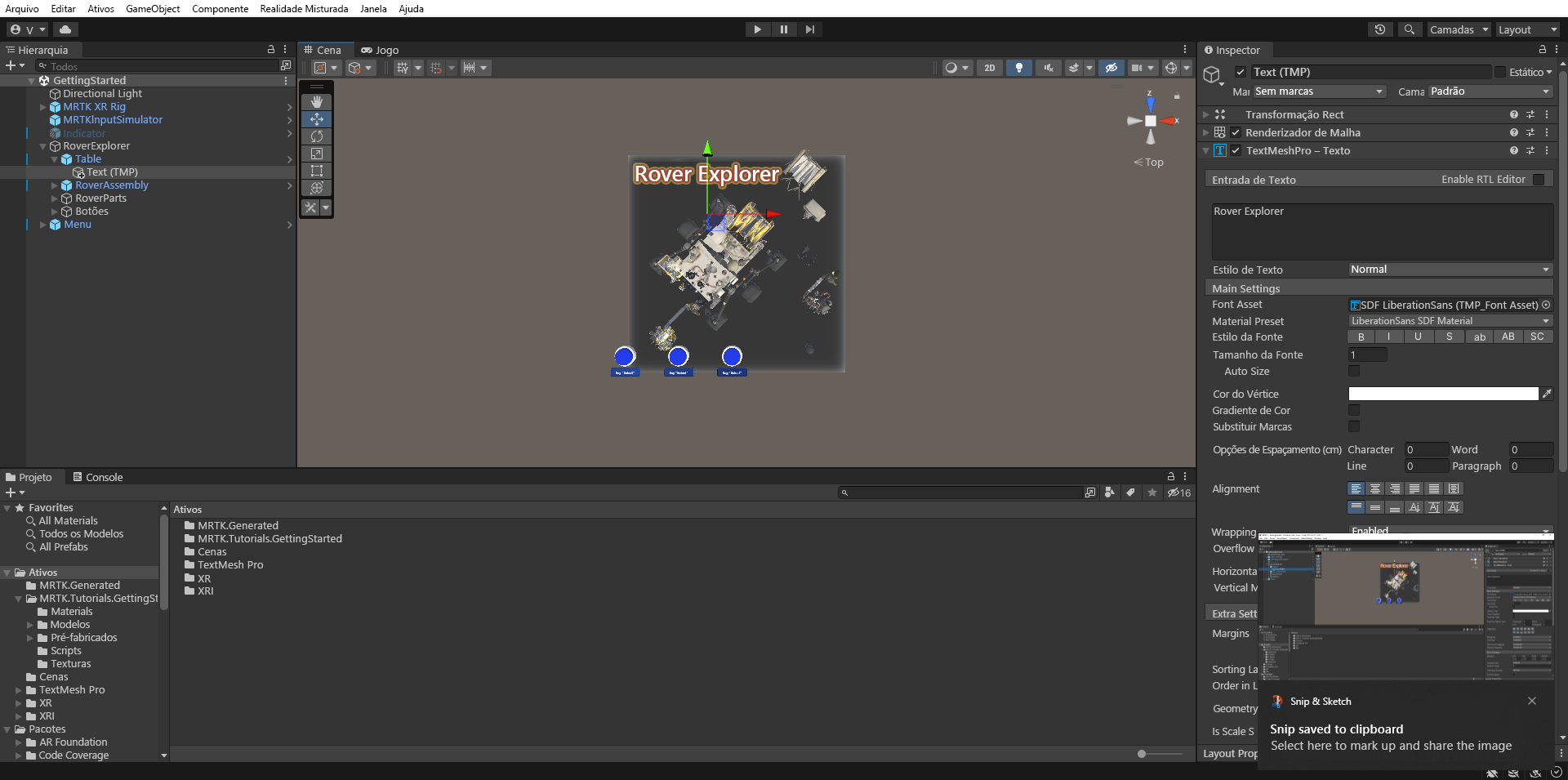 Captura de tela do Unity com o componente TextMeshPro configurado.