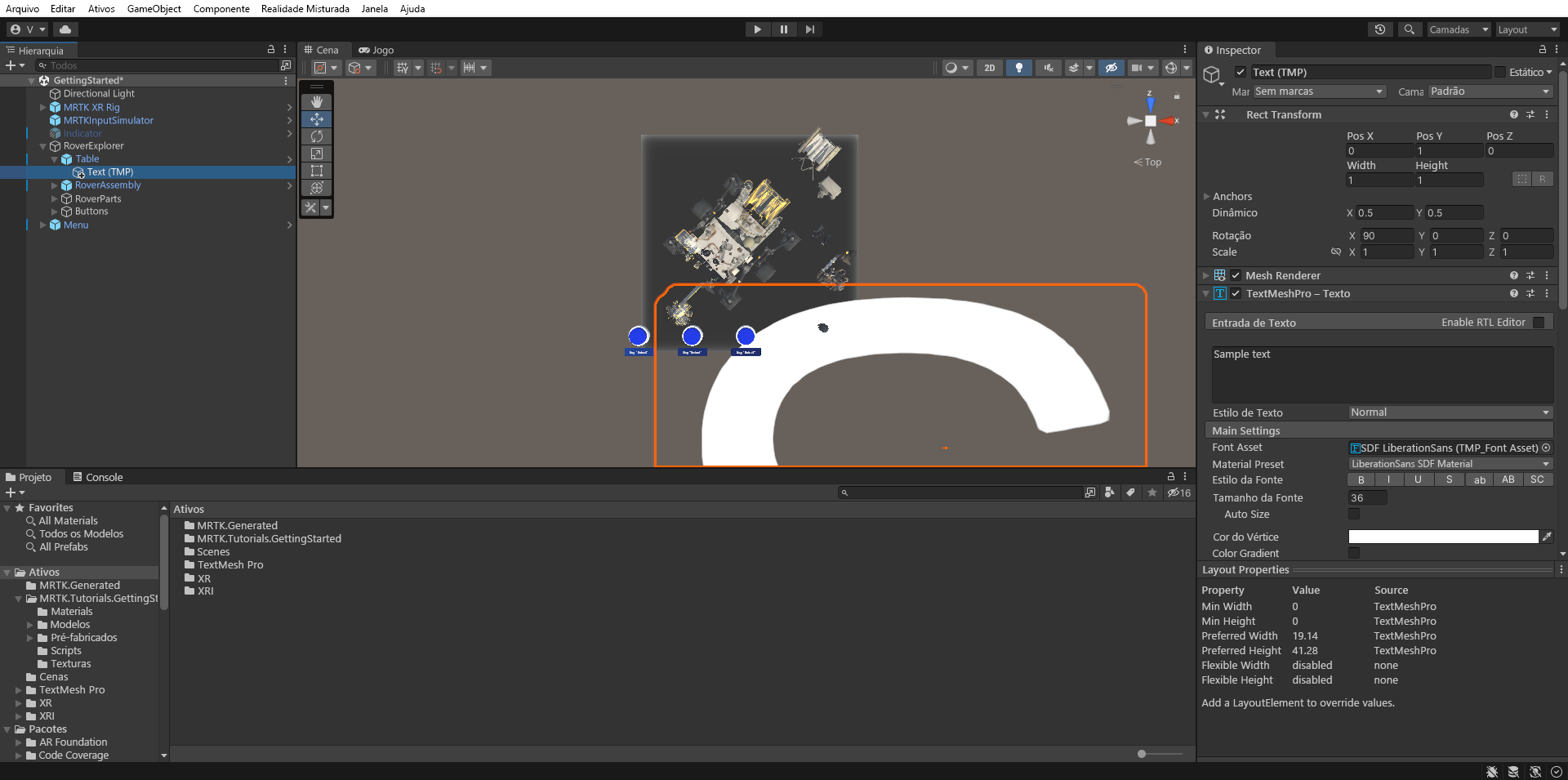 Captura de tela do Unity com o objeto TextMesh Pro recém-criado selecionado.