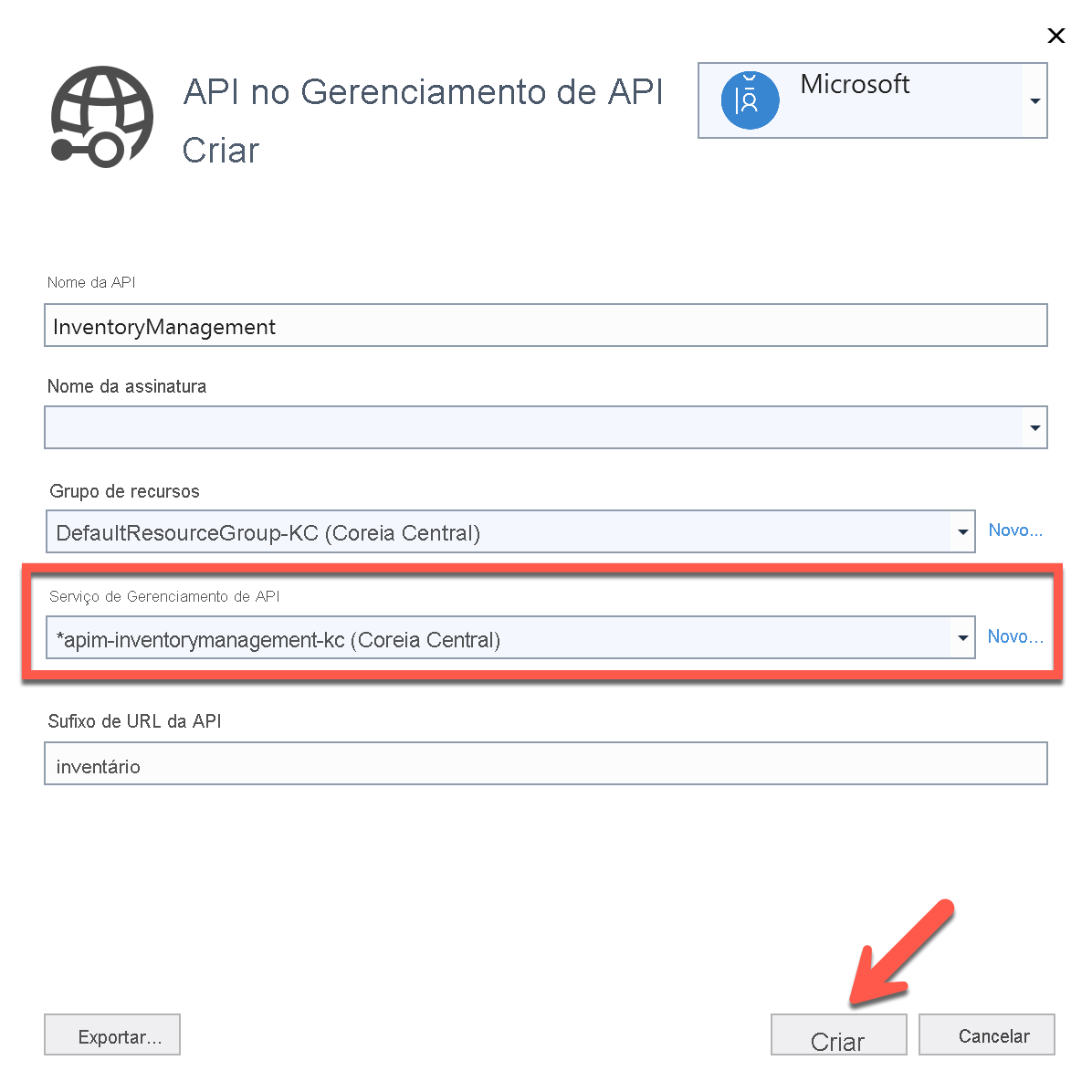 Criar nova API no Gerenciamento de API Preenchido.