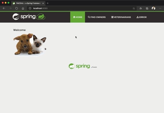Captura de tela que mostra cliques na implantação local do aplicativo de exemplo da clínica veterinária.