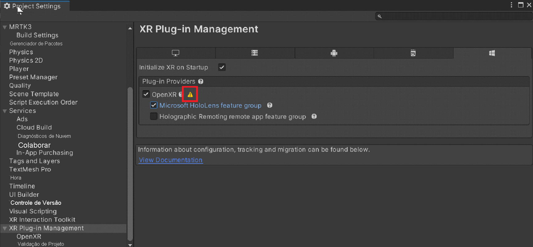 Captura de tela da opção Abrir XR.