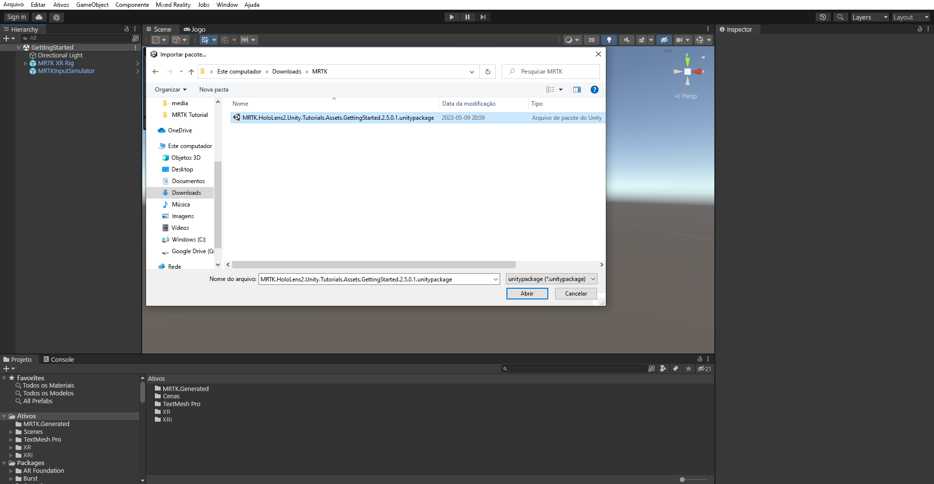 Captura de tela que mostra como importar o pacote do tutorial.