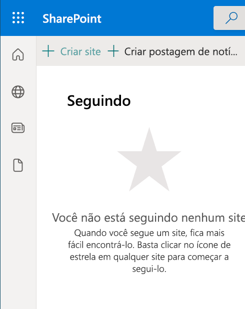 Captura de tela mostrando a criação do site na página inicial do SharePoint.