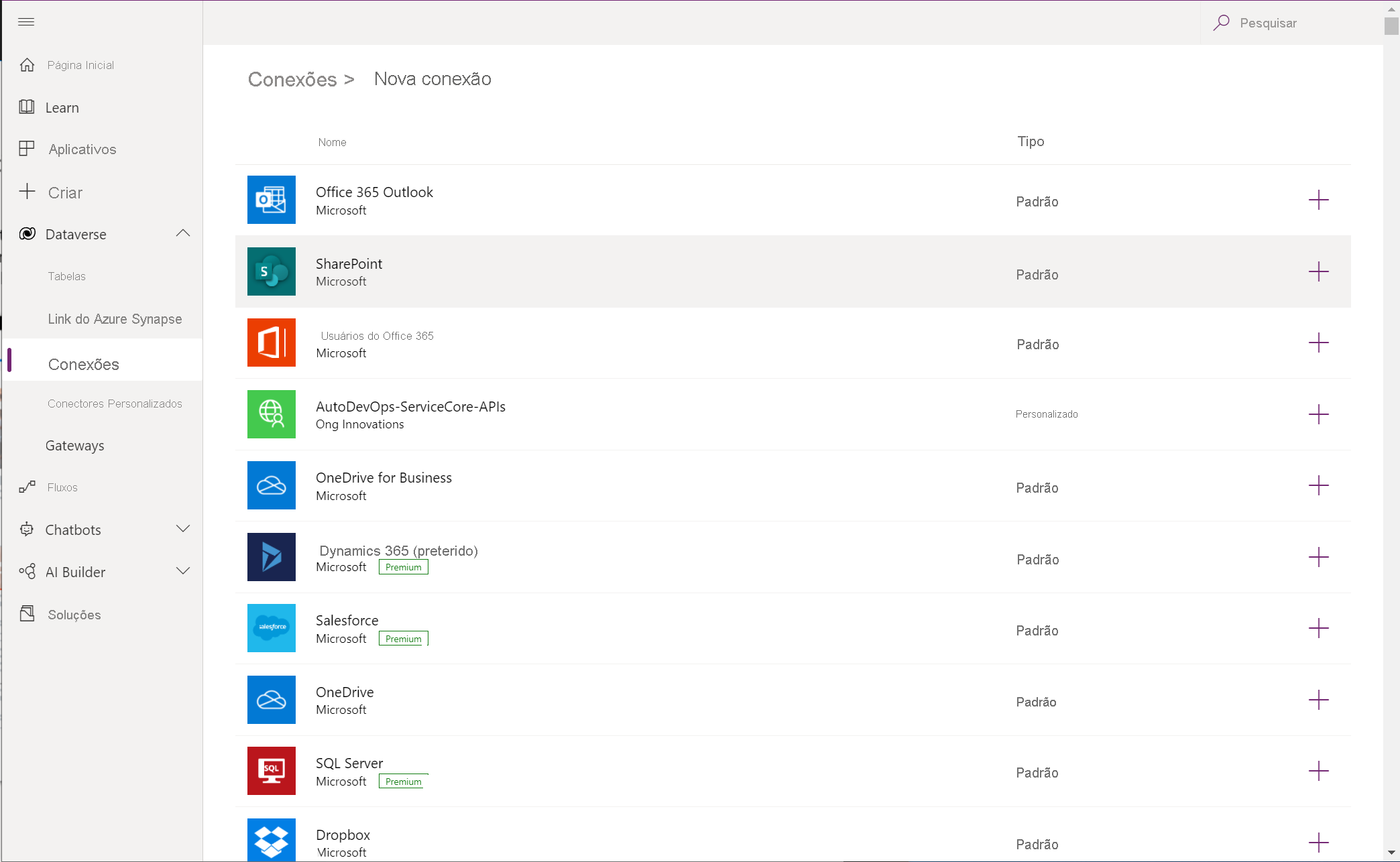 Captura de tela da seleção do Sharepoint.