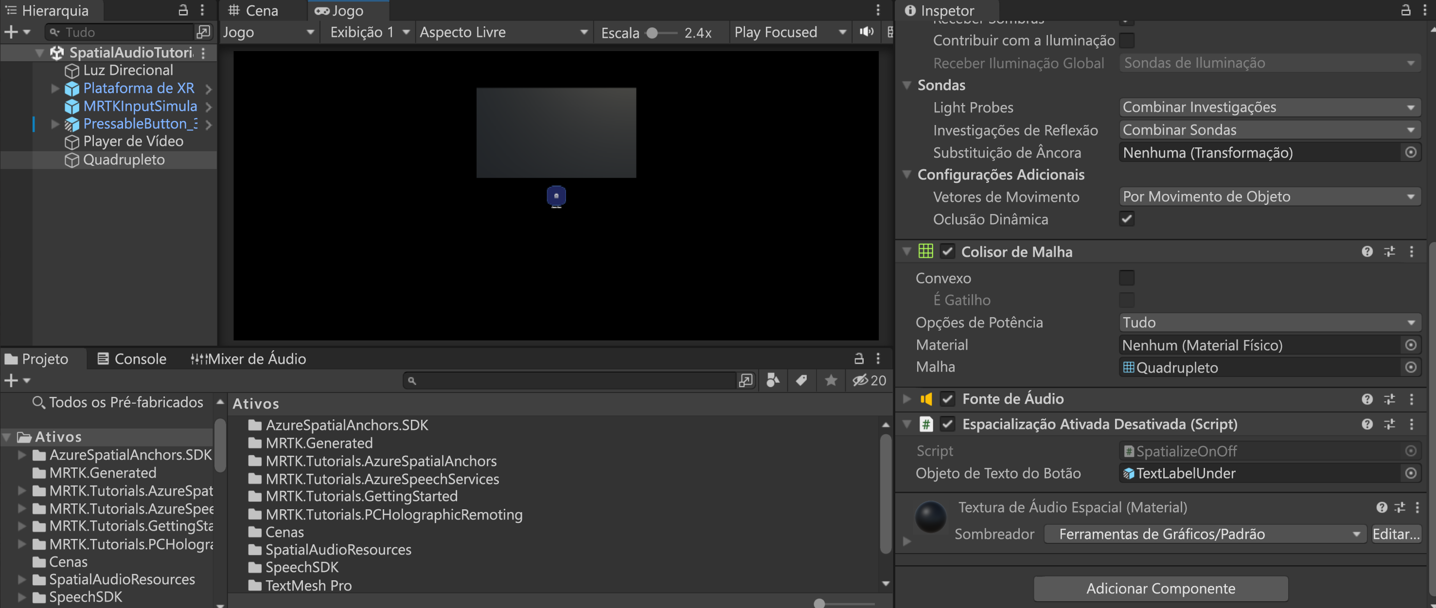 Captura de tela da localização do objeto Quad na hierarquia, com o componente SpatialierOnOff.
