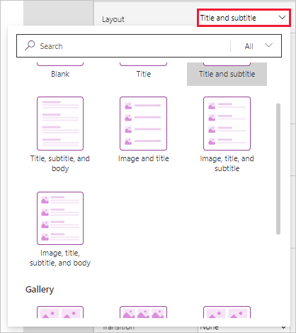 Captura de tela rolando pelas opções de Layout com o campo suspenso selecionado.