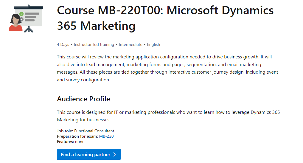 Captura de tela mostrando a página de detalhes do Curso MB-220T00: Microsoft Dynamics 365 Marketing